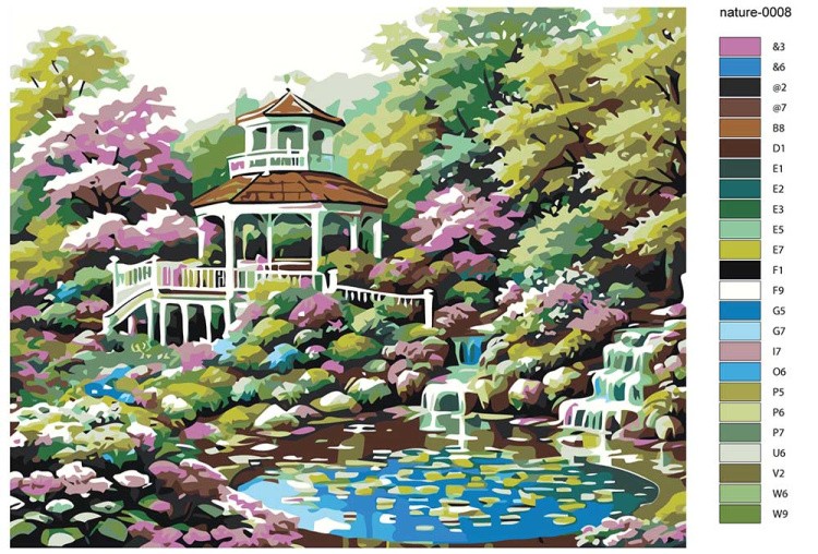 Картина по номерам «Природа: Пейзаж с беседкой в цветущем весеннем саду 2» — картинка 2