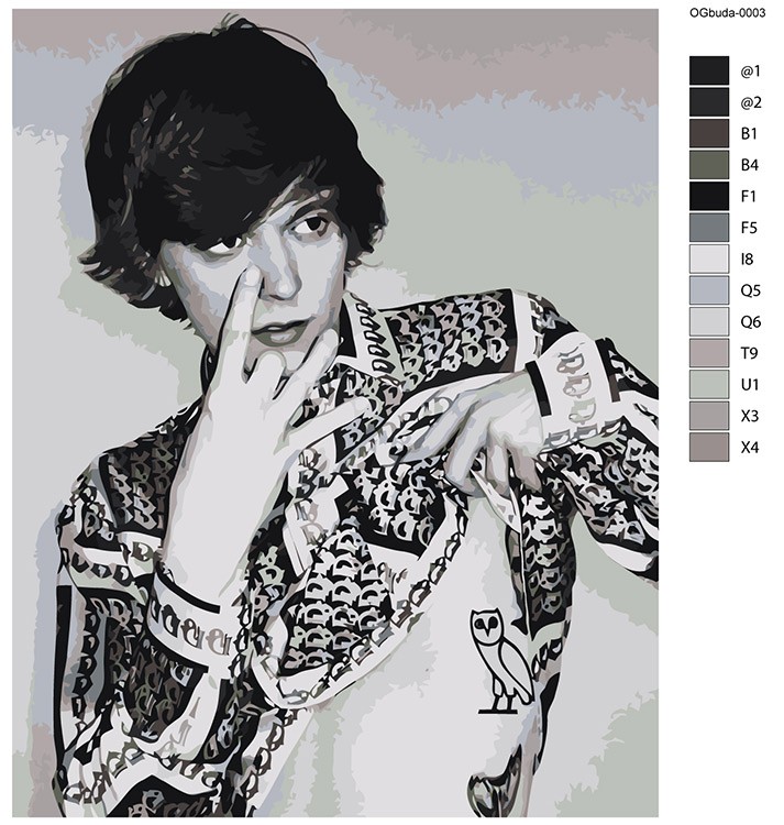 Картина по номерам «OG buda ОГ буда рэпер: чернобелая тату» — картинка 2