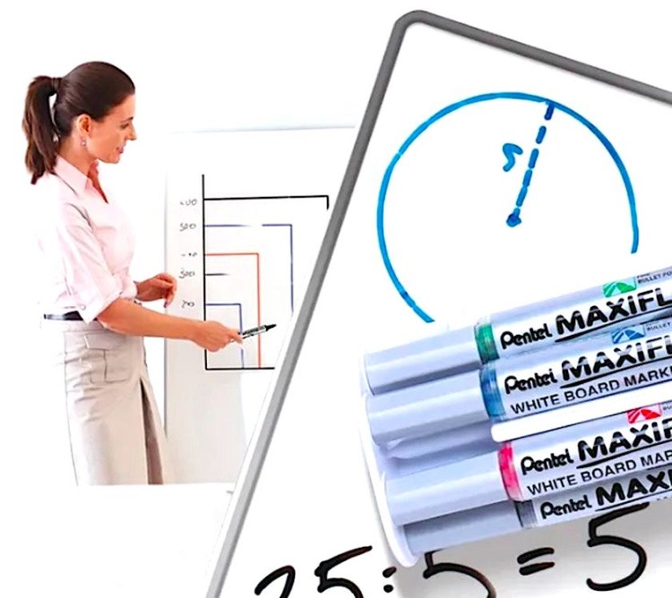 Набор маркеров для досок Maxiflo 4 цв., с магнитной губкой, 4 мм, пулевидный, Pentel — картинка 3