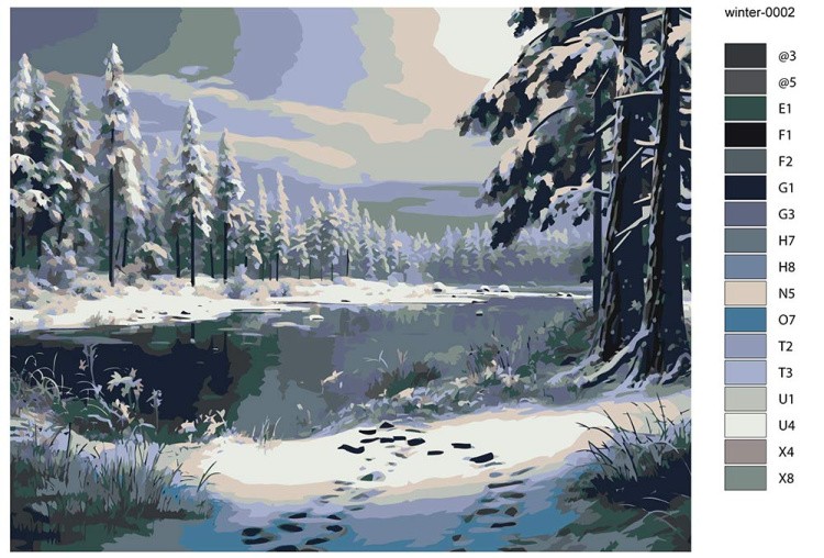 Картина по номерам «Зима: Снежный пейзаж с лесным озером» — картинка 2