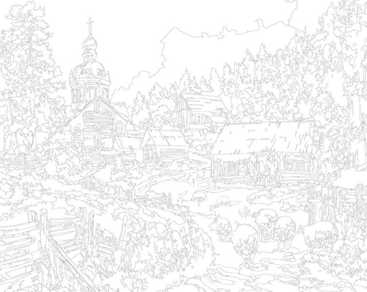 Картина по номерам «Пейзаж: церковь в деревне, белые овечки» — картинка 3