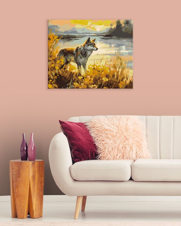 Картина по номерам «Волк на рассвете на берегу» — картинка 3