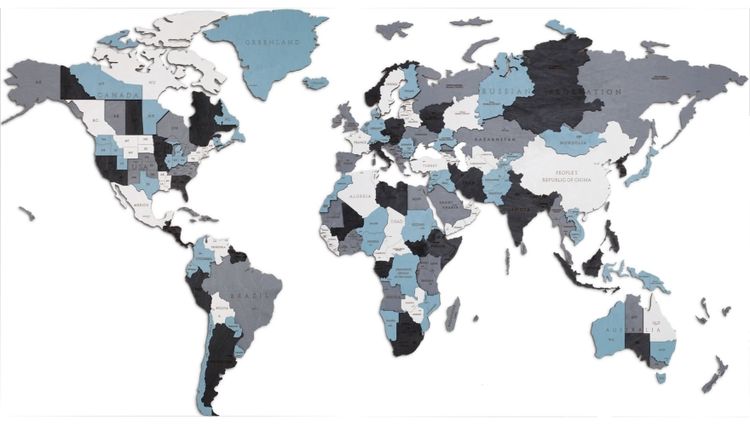 EWA Деревянная «Карта Мира» настенная, объемная 3 уровня, размер S (100x55 см), цвет: дымчатый