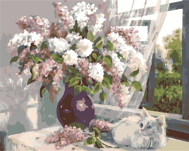 Картина по номерам «Котёнок и букет цветов»