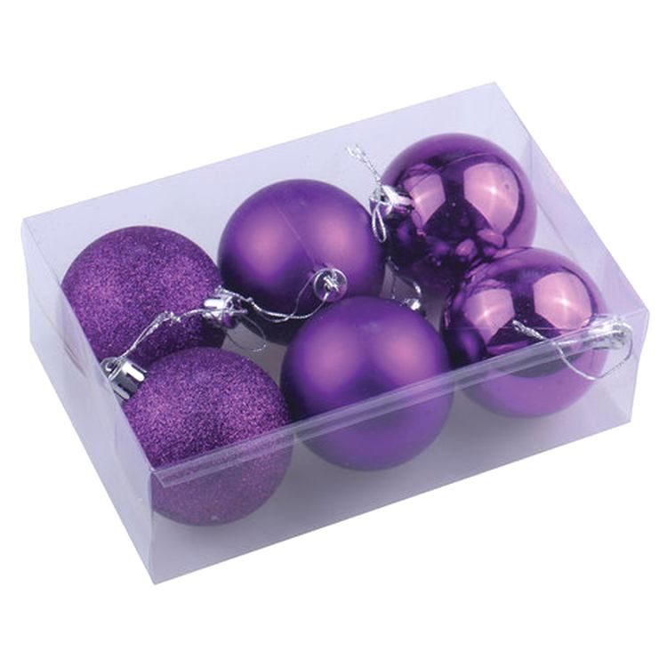 Шары елочные, набор 6 шт., пластик, 6 см, фиолетовые (глянец, матовый, глиттер) — картинка 4