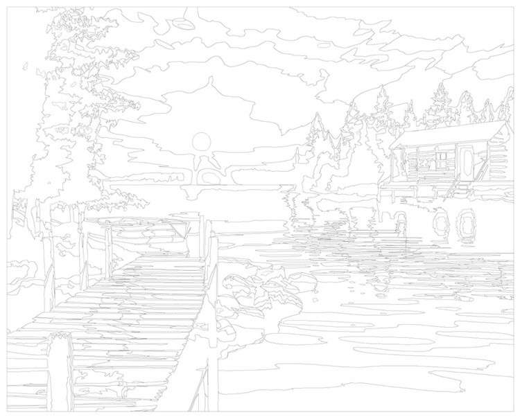 Картина по номерам «Природа: Пейзаж с домиком и причалом на берегу озера» — картинка 3