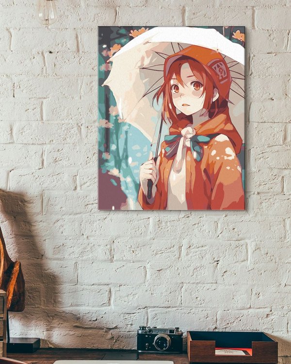 Картина по номерам «Девочка в красном под зонтом в стиле аниме» — картинка 3