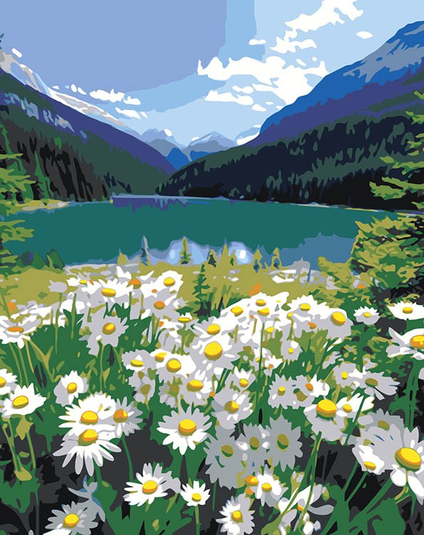 Картина по номерам «Природа: Пейзаж с полем ромашек и горным озером 2»