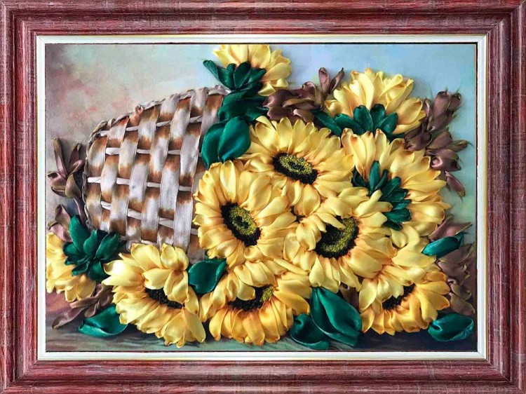 Вышивка лентами «Корзина с подсолнухами» — картинка 2