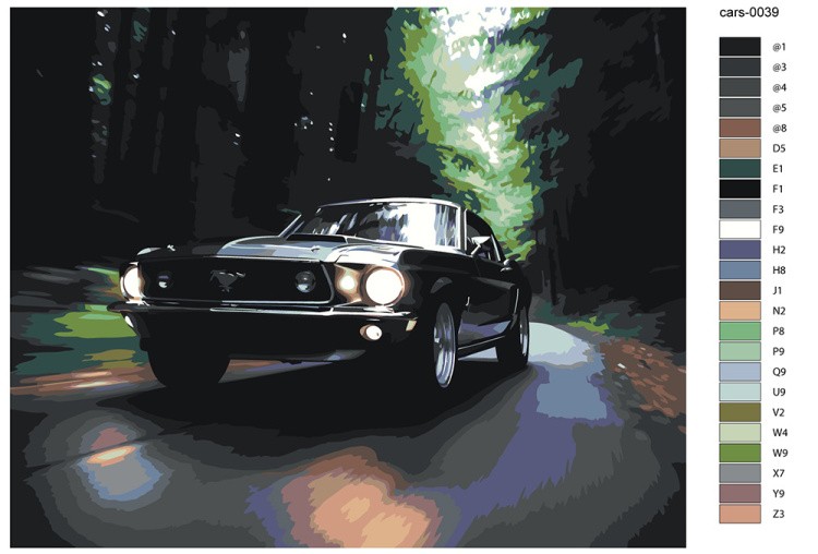 Картина по номерам «Машины: Форд Мустанг на лесной дороге» — картинка 2