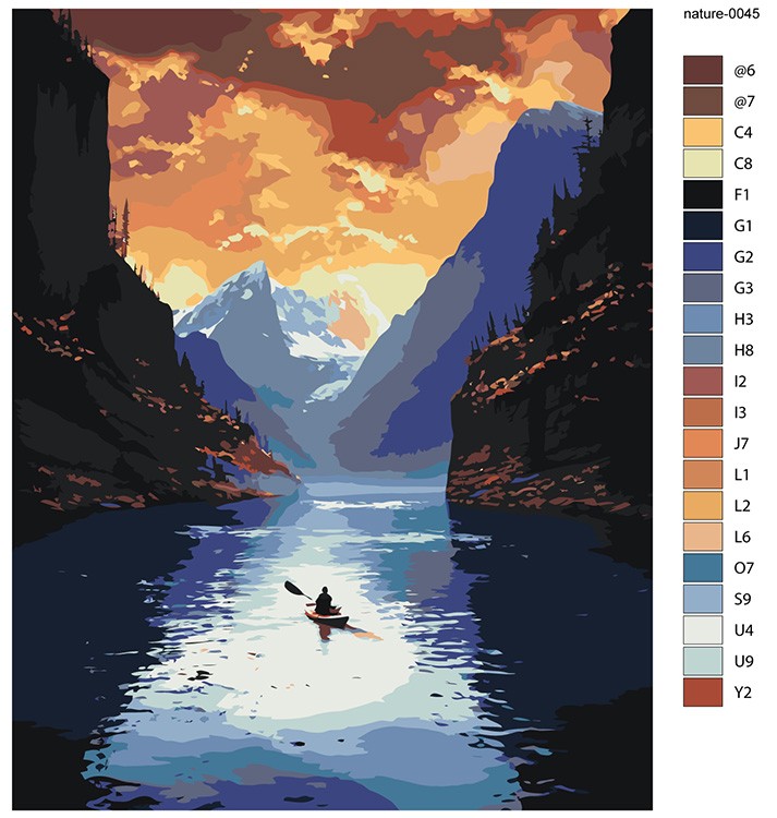 Картина по номерам «Природа: Пейзаж с человеком в лодке на фоне гор» — картинка 2