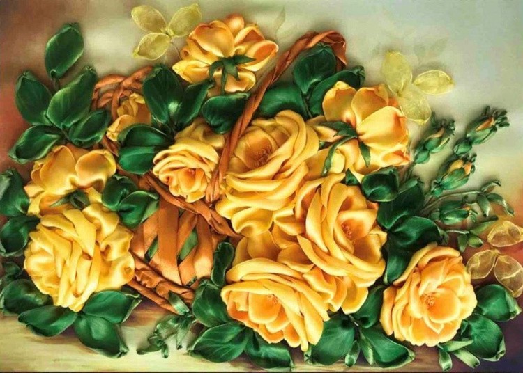 Вышивка лентами «Желтые розы»