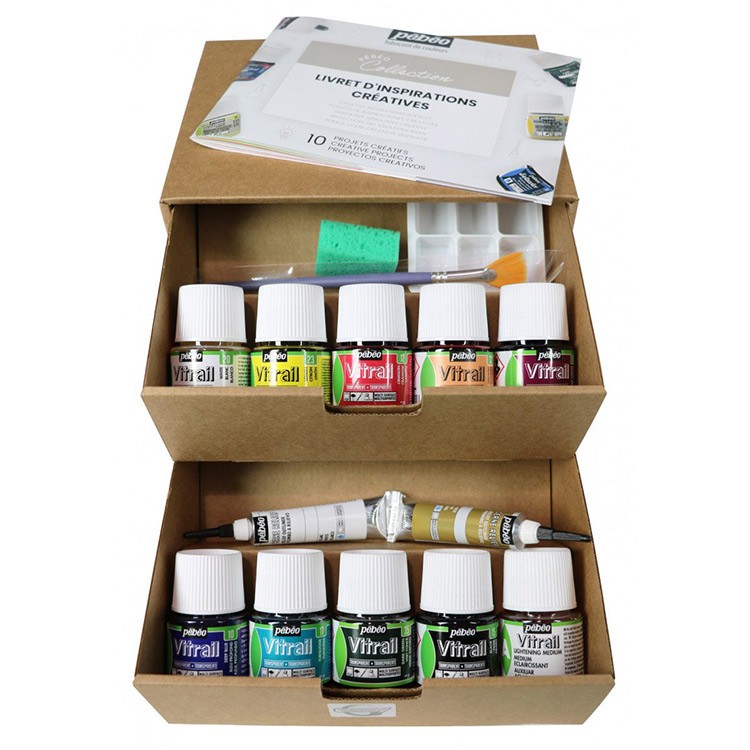 Набор красок Vitrail «Коллекция» по стеклу и металлу с аксессуарами PEBEO, 10 цв., 45 мл — картинка 3