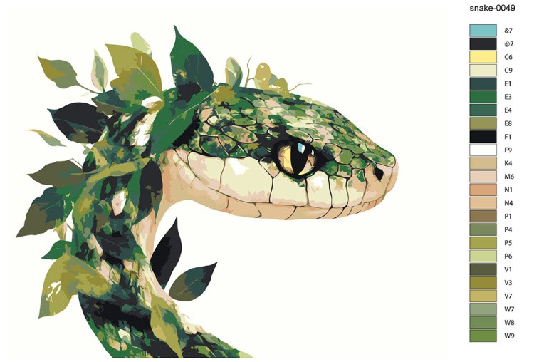 Картина по номерам «Зеленая змея в листьях Арт, Символ года» — картинка 2