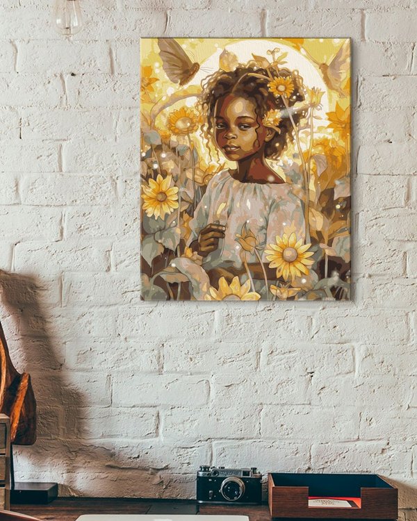 Картина по номерам «Девочка в поле цветов с бабочками» — картинка 3