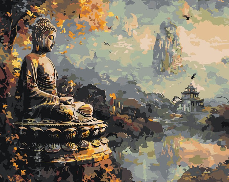 Картина по номерам «Религия буддизм: Будда статуя, пейзаж»