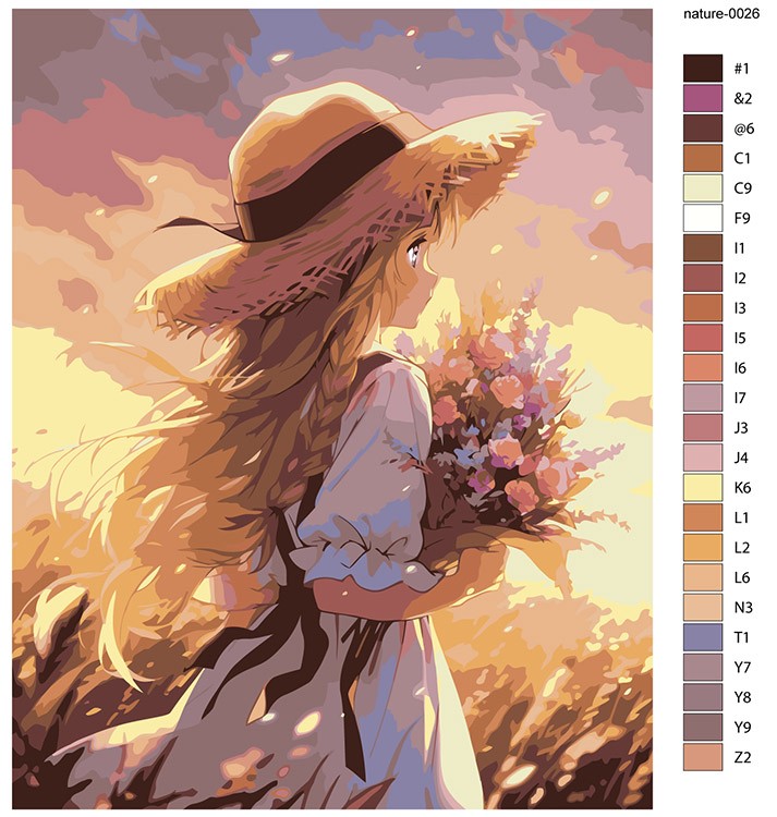 Картина по номерам «Природа: Девушка в шляпке с букетом полевых цветов» — картинка 2