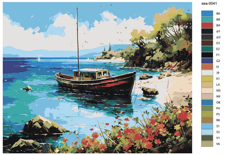 Картина по номерам «Море: Яхта в цветочной бухте» — картинка 2