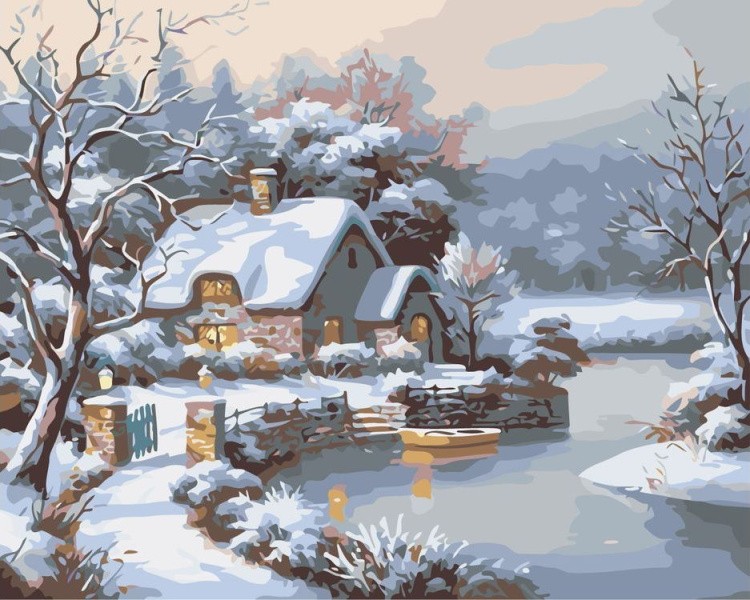 Картина по номерам «Домик в зимнем лесу»