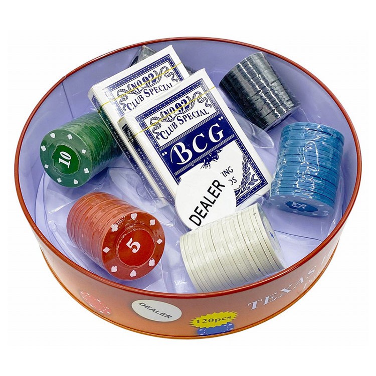 Набор для покера Holdem Light в жестяной коробке, 120 фишек с номиналом+ сукно — картинка 3