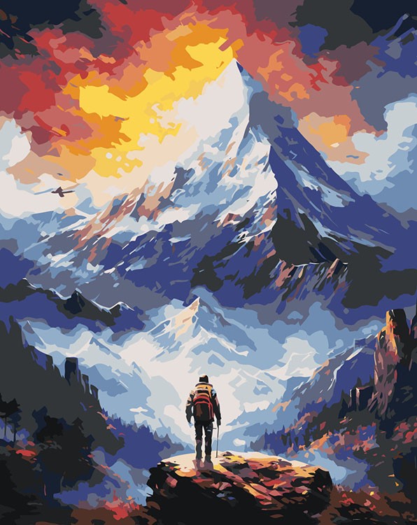 Картина по номерам «Природа: Горный пейзаж с человеком на фоне вершины 2»