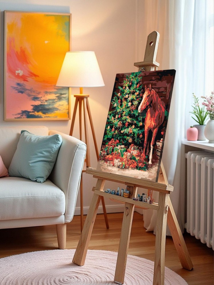 Картина по номерам Красная лошадь и елка Символ нового года — картинка 9