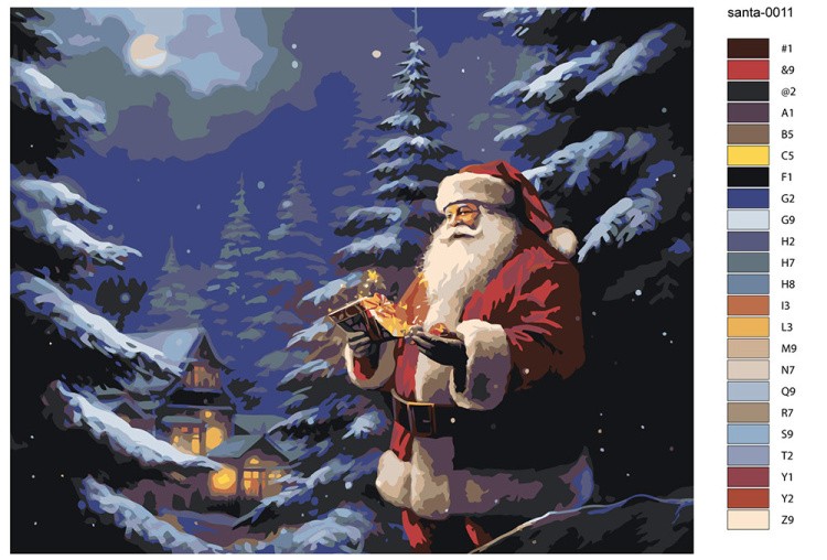 Картина по номерам «Новогодняя: Дед Мороз в ночном зимнем лесу» — картинка 2