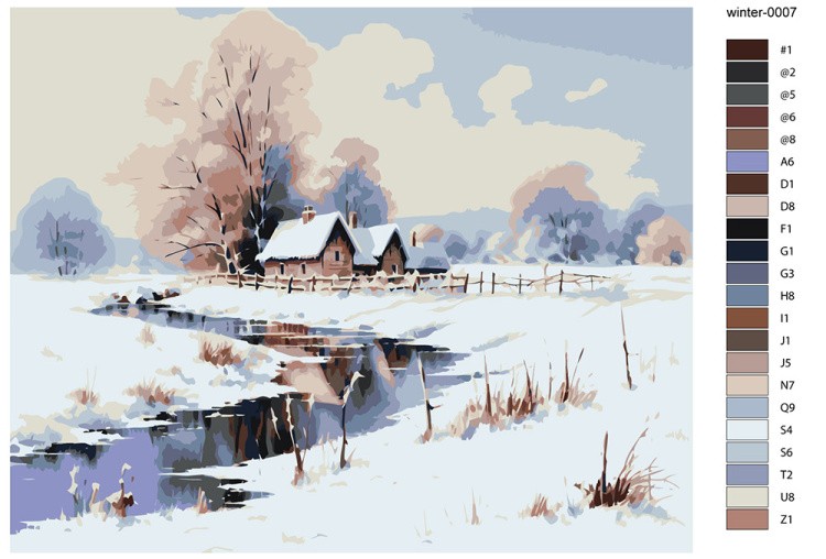 Картина по номерам «Зима: Пейзаж с ручьем и деревенскими домами» — картинка 2