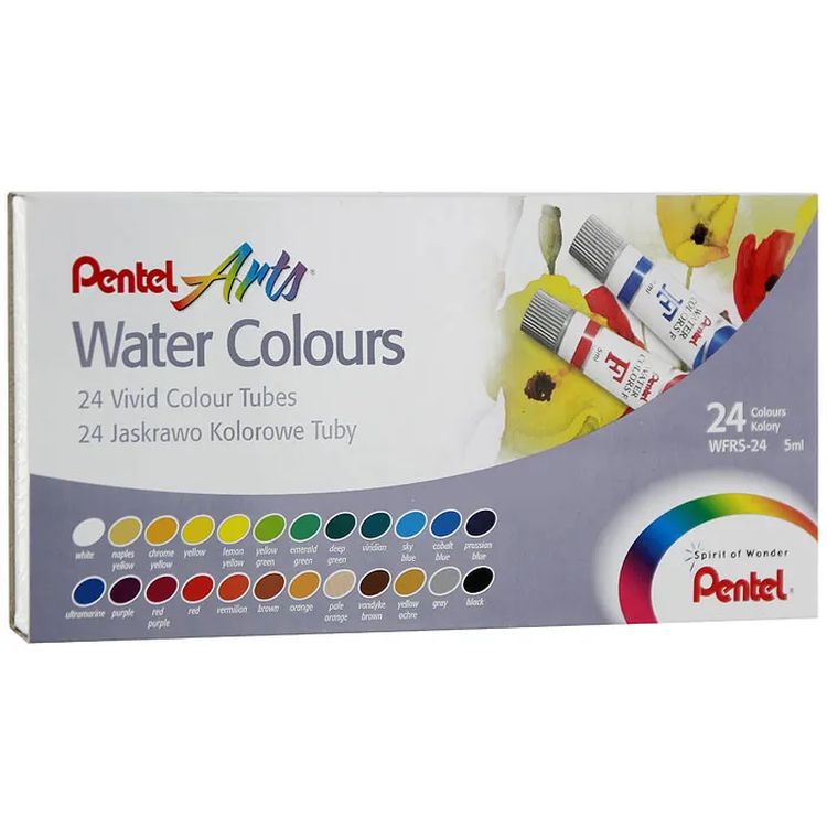 Краски акварельные художественные PENTEL «Water Colours», 24 цв., туба 5 мл