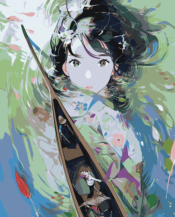 Картина по номерам «Аниме: Образ девушки и лодка, плывущая по озеру»