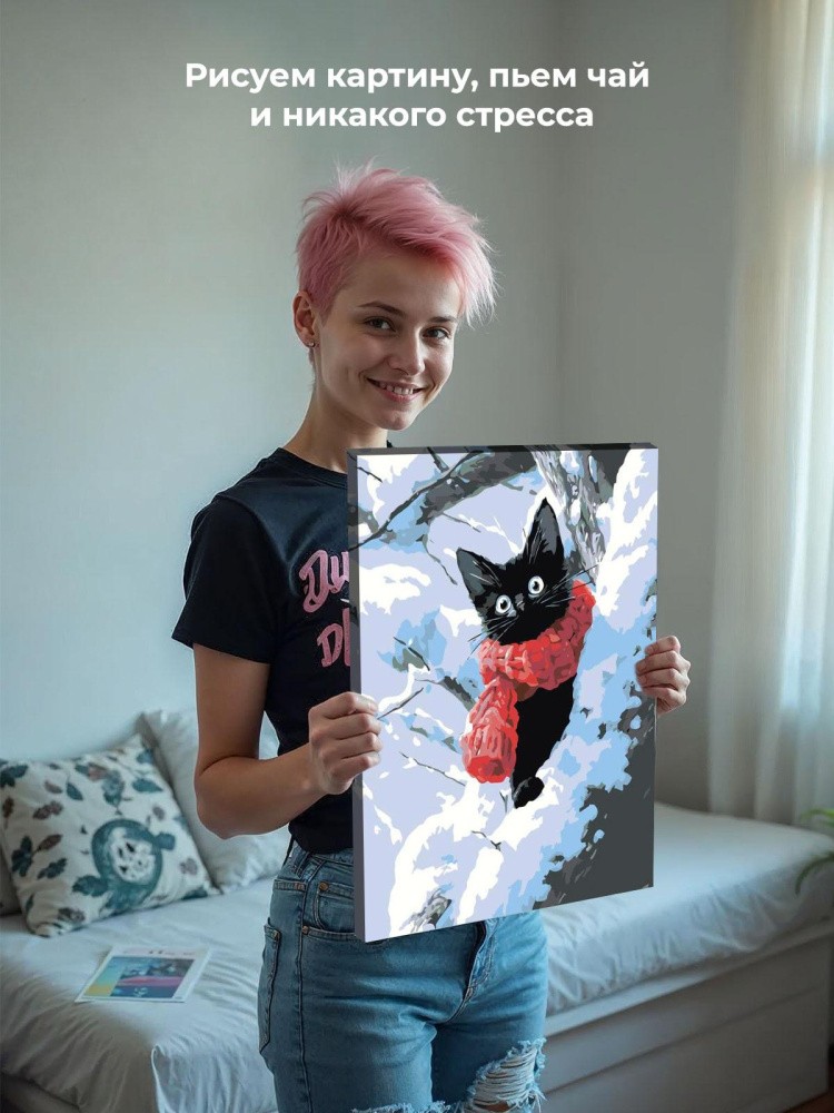 Картина по номерам Черный котик зимой среди снега — картинка 6