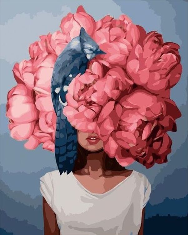 Картина по номерам «Цветы и птица на голове»