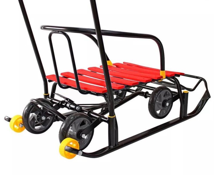 Санки детские Snow Black Auto красные рейки с колесами — картинка 14