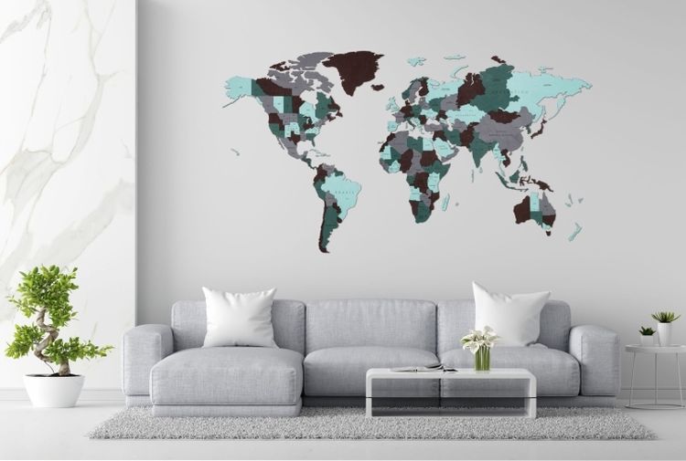 EWA Деревянная «Карта Мира» настенная, объемная 3 уровня, размер L (192x105 см), цвет: изумуруд — картинка 2