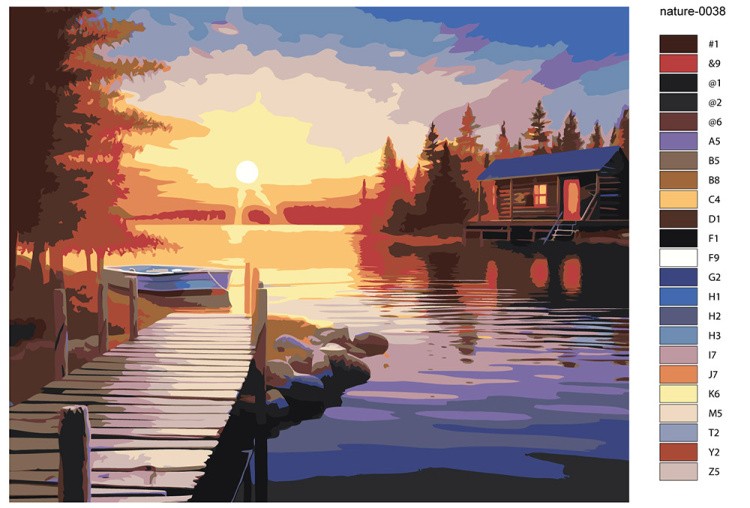 Картина по номерам «Природа: Пейзаж с домиком и причалом на берегу озера» — картинка 2