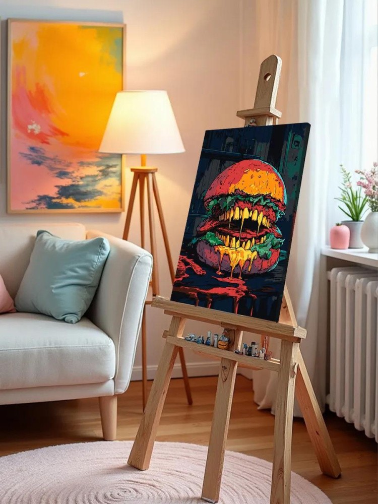 Картина по номерам «Ужасы: бургер-монстр с зубами арт» — картинка 9