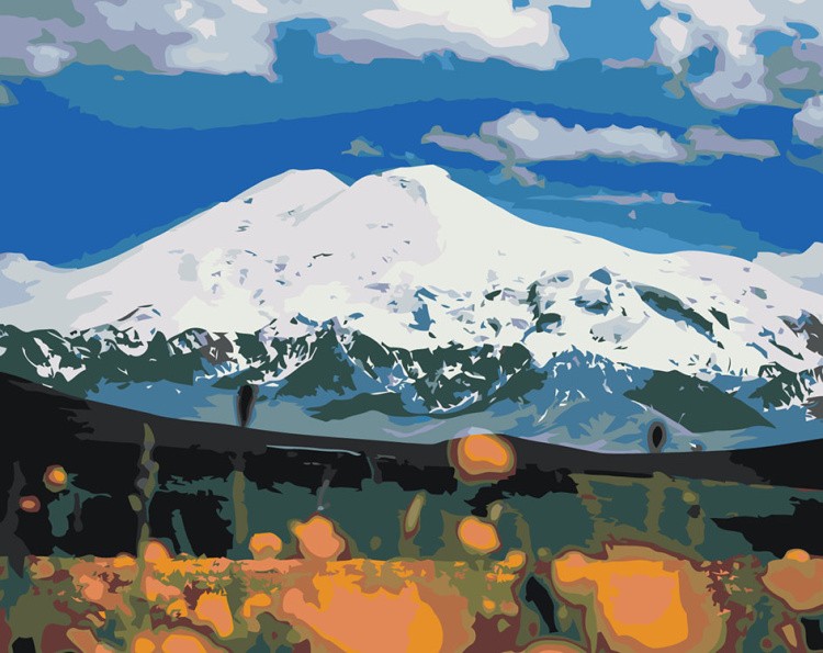 Картина по номерам «Пейзаж гора Эльбрус в снегу и цветы»