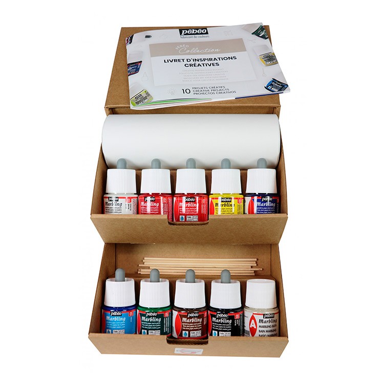 Набор красок Pebeo Marbling «Коллекция» для техники Эбру с аксессуарами, 9 цветов — картинка 2