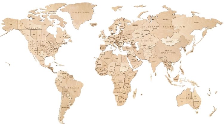 EWA Деревянная «Карта Мира» настенная, объемная 3 уровня, размер S (100x55 см), цвет: натуральный