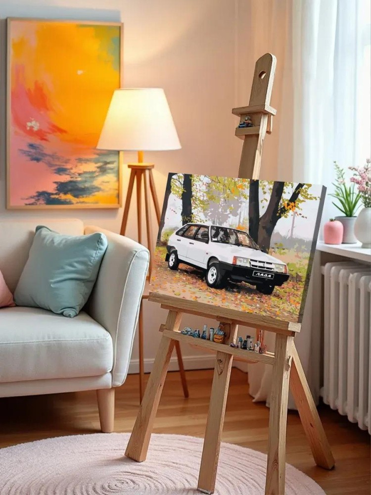 Картина по номерам «ВАЗ-2109: белая Лада девятка в осеннем лесу» — картинка 10