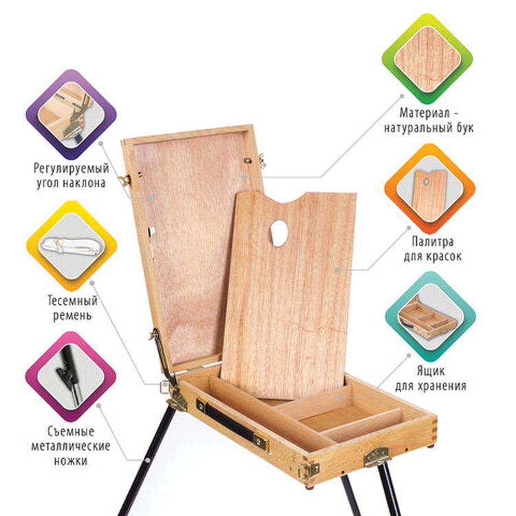 Этюдник BRAUBERG ART CLASSIC, бук, 40х25х7,5 см, высота холста 70 см, ножки метал 90 см, ремень — картинка 2