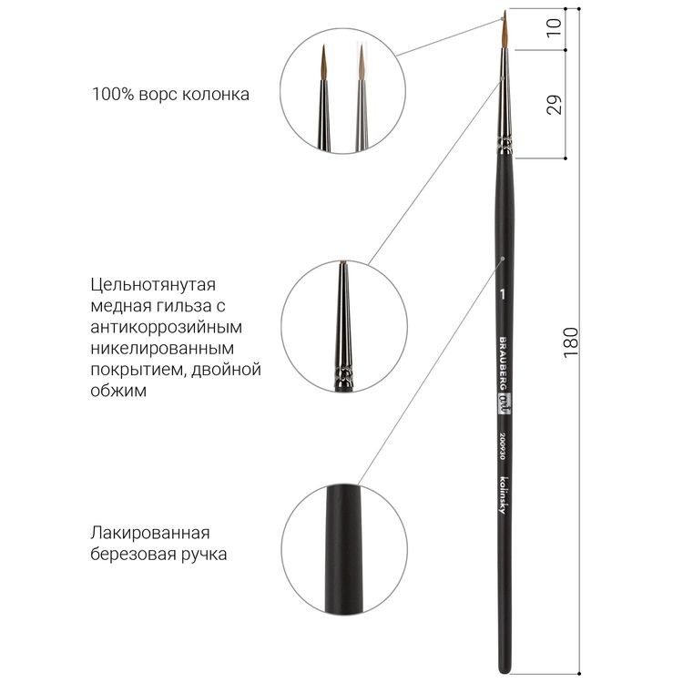 Кисть художественная профессиональная Art Classic, колонок, круглая, № 1, короткая ручка, Brauberg — картинка 4