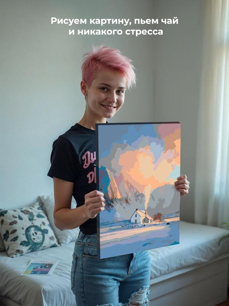 Картина по номерам Дом в горах зимой на восходе — картинка 6