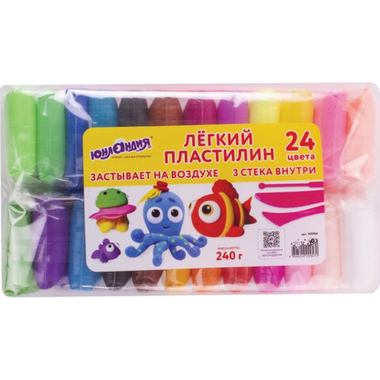 Пластилин супер лёгкий воздушный застывающий 24 цвета, 240 г, 3 стека, Юнландия — картинка 2