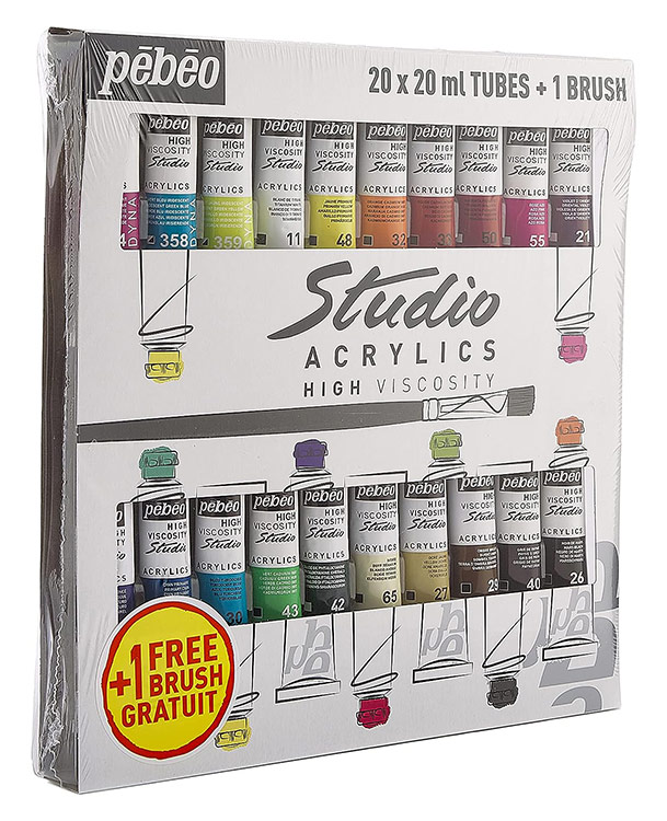 Краски Pebeo акриловые 20 цветов набор Studio Acrylics с кистью 20 мл — картинка 4