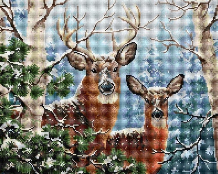 Алмазная вышивка «Пара оленей в зимнем лесу»
