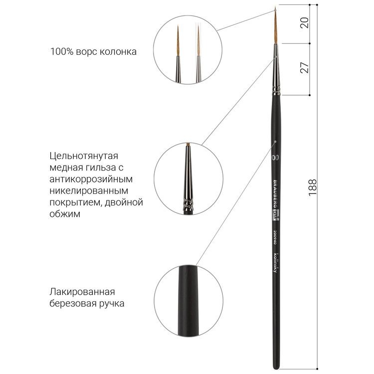 Кисть художественная профессиональная Art Classic, колонок, лайнер, № 00, короткая ручка, Brauberg — картинка 4