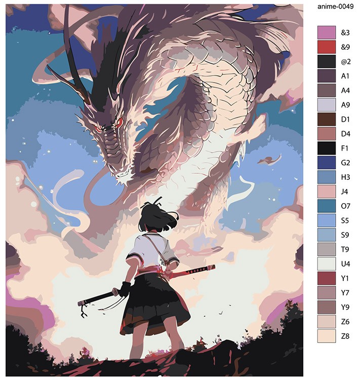 Картина по номерам «Аниме: Девушка с катаной и огромный белый дракон» — картинка 2