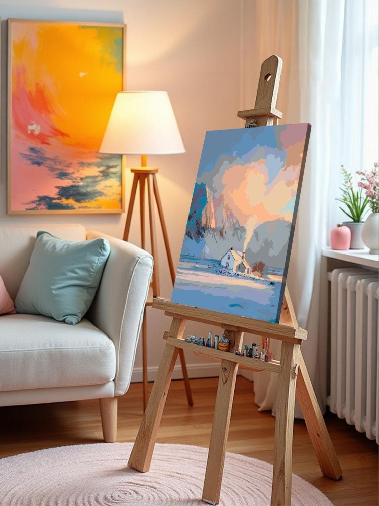 Картина по номерам Дом в горах зимой на восходе — картинка 9