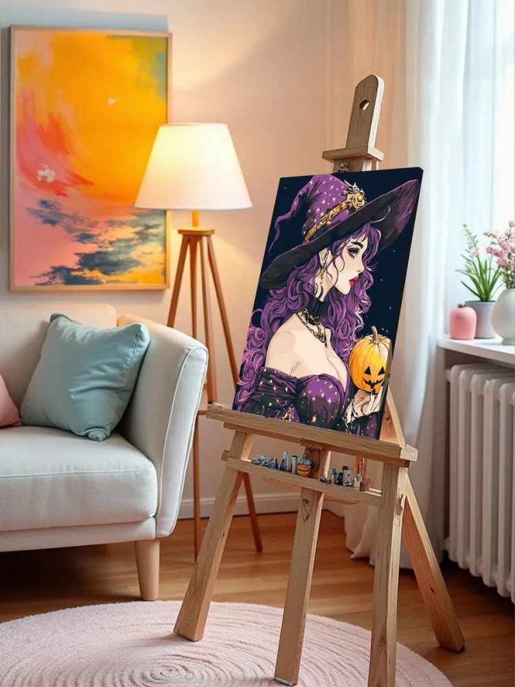 Картина по номерам «Ужасы: ведьма колдунья с тыквой, Хэллоуин» — картинка 9